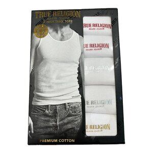 TRUE RELIGION 5 Pack Tank Tops Cotton Logo Ribbed White Men's